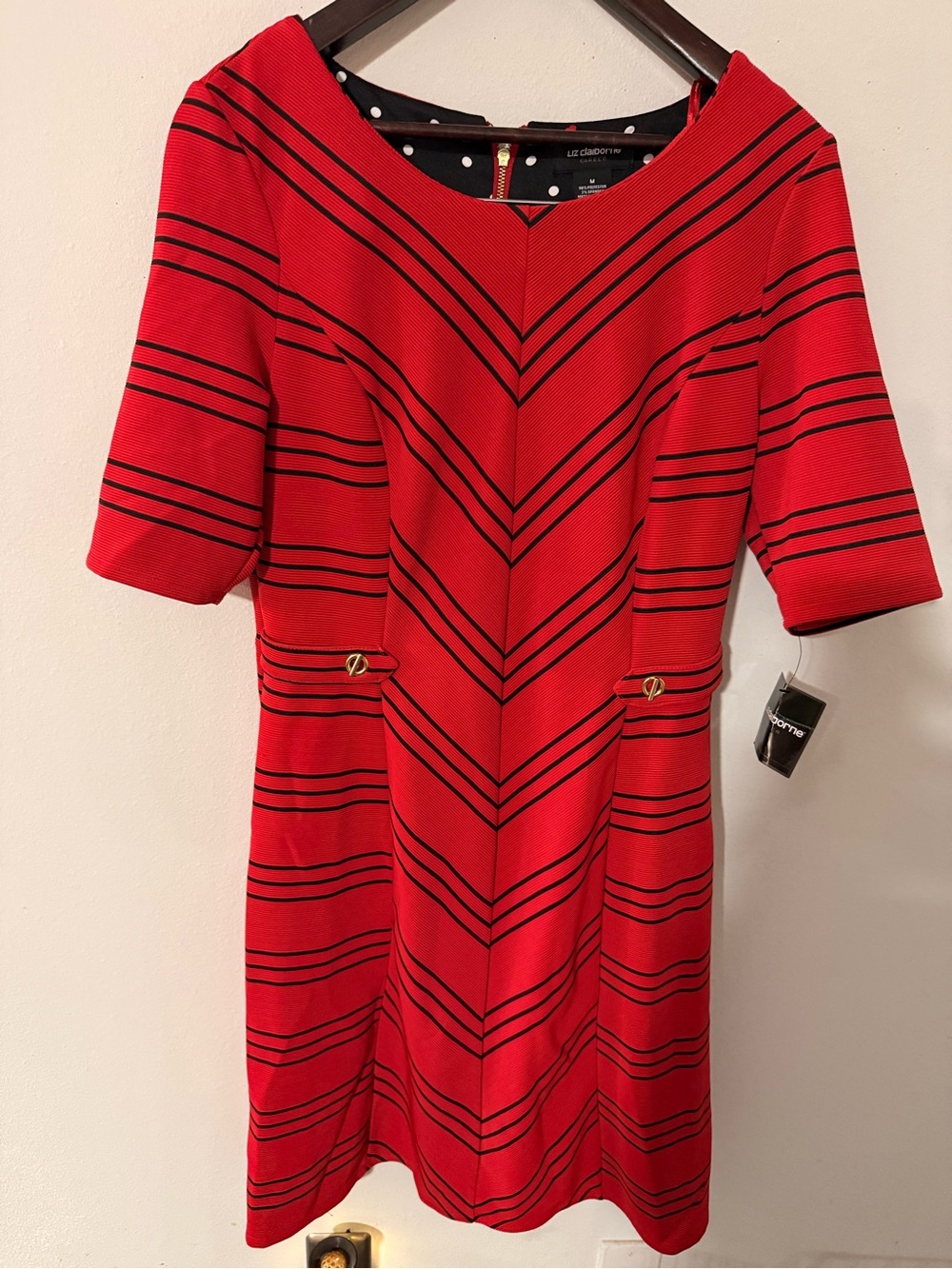 Liz Claiborne Red Midi Dress with Black Stripe Accents